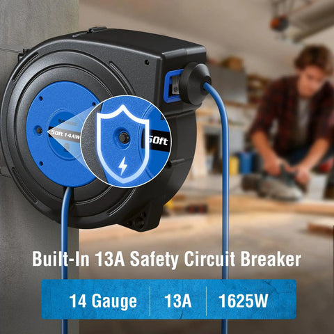 50 Ft Retractable Extension Cord Reel with 14AWG SJTOW Cable, black and blue, mounted in workshop, features 13A circuit breaker