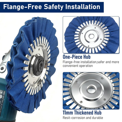 8 Inch Aluminum Polishing Wheel Kit Pro-Grade For Angle Grinders Flange-Free Install Five Eighths Inch Arbor, blue wheel detail