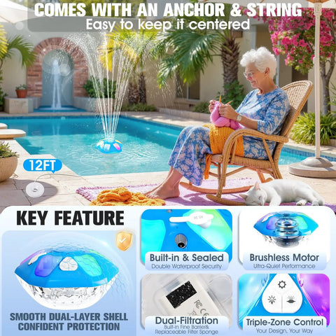 Elderly woman watching 9000mAh Rechargeable Floating Pool Fountain With Light Show No Solar Needed Anchor Included Large LED Water Pump