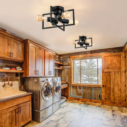 4 Light Matte Black Sputnik Style Semi Flush Mount Ceiling Light With E26 Base in rustic farmhouse laundry room