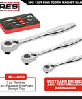 120 Tooth Ratchet Set With 1/4-Inch, 3/8-Inch, And 1/2-Inch Drives, ergonomic handles, and storage tray