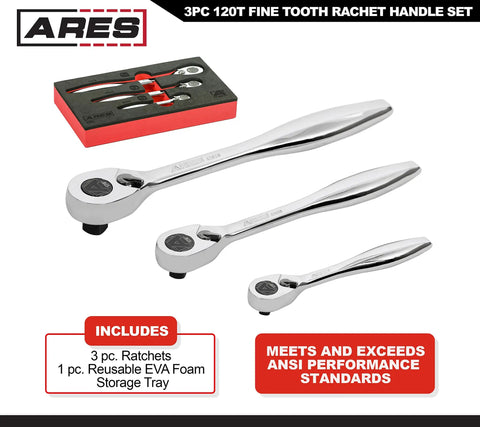 120 Tooth Ratchet Set With 1/4-Inch, 3/8-Inch, And 1/2-Inch Drives, ergonomic handles, and storage tray