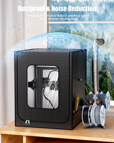 Heavy Duty 3D Printer Enclosure With Ventilation Kit And LED Light Fireproof Dustproof Tent on wooden desk