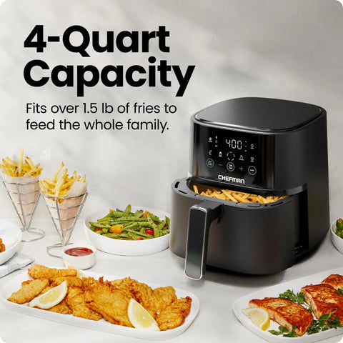 Compact Four Quart Air Fryer With Digital Touchscreen And Four Smart Presets produces crispy fries and chicken on a stylish kitchen countertop.