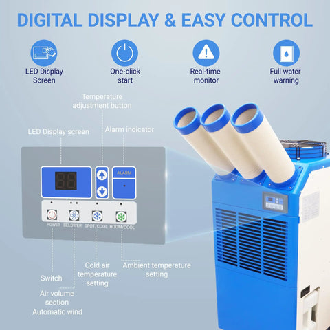 Digital display and control panel of the Badass Heavy Duty Spot Cooler 22178 BTU 220V Portable Air Conditioner with adjustable settings.