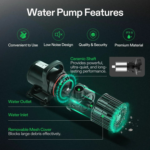 VIVOSUN 4500 GPH submersible water pump front view showing water inlet, outlet, and removable mesh cover