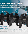 3 PEX press jaws for solid compact Pex press tool kit, compatible with half inch, three quarter inch, and one inch PEX pipe.