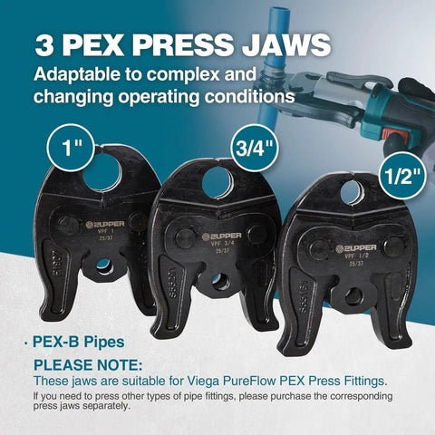 3 PEX press jaws for solid compact Pex press tool kit, compatible with half inch, three quarter inch, and one inch PEX pipe.