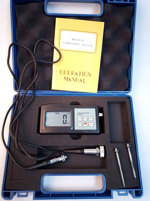 Pro Level Hella Accurate Digital Vibration Meter Tester For Industrial Imbalance Diagnosis And Moving Machinery Analysis With Wide Frequency Band And Reliable Acceleration Data in blue case with manual.