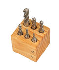 6 Piece M2 Ball Nose End Mill Set in wooden stand, featuring high speed steel 4 flute radius bottom milling tools.