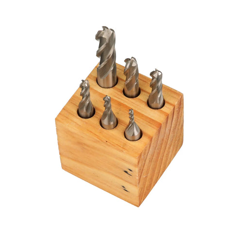 6 Piece M2 Ball Nose End Mill Set in wooden stand, featuring high speed steel 4 flute radius bottom milling tools.