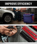 Six Piece Magnetic Socket Organizer Set For Metric And SAE Drives holds 143 sockets in red and black trays in garage
