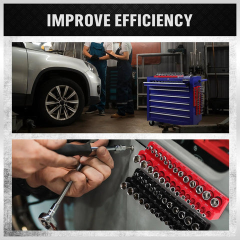 Six Piece Magnetic Socket Organizer Set For Metric And SAE Drives holds 143 sockets in red and black trays in garage