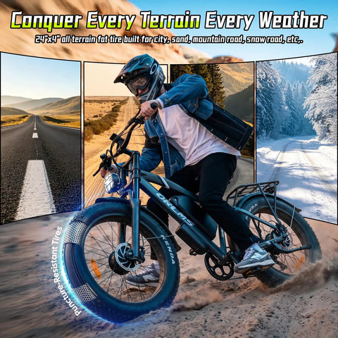 Hella Powerful 8000W Dual Motor Electric Bike For Adults slaying on all terrain with 24x4" fat tires for city and sand.