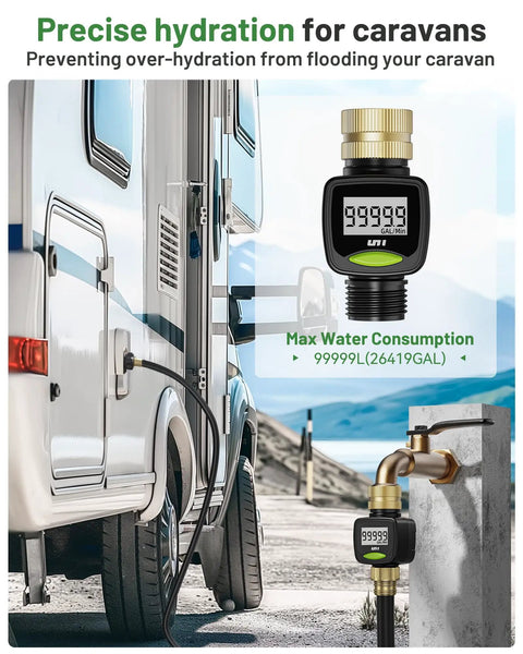 Brass Inlet Water Flow Meter 3/4 Inch With 5 Percent Accuracy for RV Water Tank Fill Reads Gallons or Liters, attached to RV.