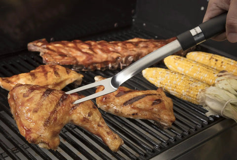 Grilling chicken with stainless steel fork from 36 Piece Grill Tool Set With Spatula Fork Tongs Basting Brush Replacement Brush Heads Heat Resistant Gl...