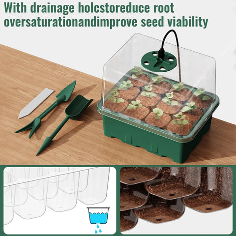 5 Pack 60 Cell Seed Starter Trays With Built In Grow Light Kit Humidity Dome And Base Plug And Grow Indoor Seed Germination Kit For Easy Propagation And Seedling Growth In Your Home Greenhouse Garden System, close-up view with tools