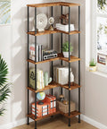 Top Notch 5 Tier L Shaped Corner Bookshelf 60 Inch Tall Modern Shelving Unit For Home Office Wall Storage Organizer And Display Rack with rustic brown shelves and black steel.