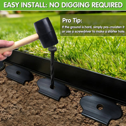 No Dig Garden Edging Kit 2 Inch Tall 20 Foot Border With 20 Stakes Plastic Lawn Edging being installed with a mallet