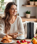 4 In 1 Milk Frother And Steamer For Hot And Cold Foam Auto Shut Off Quiet Frother Machine on kitchen counter with breakfast.