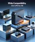 Heavy Duty LiFePO4 Ups Battery Backup Surge Protector Delivering Smooth Pure Sine Wave Power With Instant Switchover Featuring Eight Outlets And Rock Solid Dual Metal Housing Plug And Play Ready To Keep Your Gear Rolling, displayed with various compatible devices.