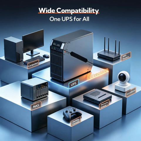 Heavy Duty LiFePO4 Ups Battery Backup Surge Protector Delivering Smooth Pure Sine Wave Power With Instant Switchover Featuring Eight Outlets And Rock Solid Dual Metal Housing Plug And Play Ready To Keep Your Gear Rolling, displayed with various compatible devices.