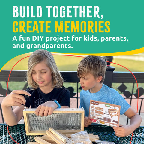 Two kids assembling Picnic Table Bird Feeder Kit For DIY Family Fun With Tools And Paint Set FSC Certified New Zealand Pine.