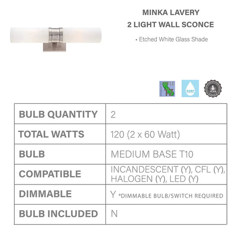 Specifications and diagram for Reversible Satin Nickel Wall Sconce For Bathrooms And Vanities, 18.5 Inch High, Damp Location Vanity Light