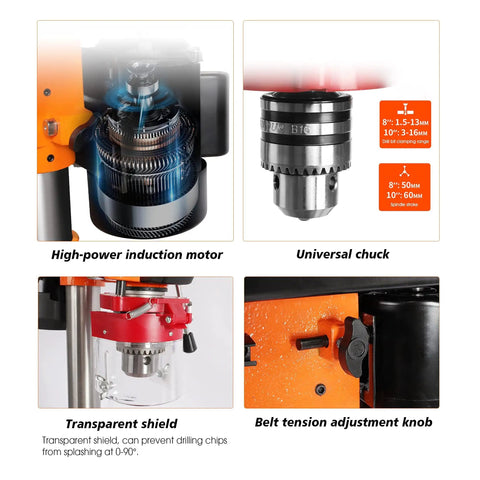 Heavy Duty 12 Speed Drill Press Stand With Chuck And Table Top Machine For Iron Aluminum Wood Plastic Projects Orange 10 Inch power tool features high-power induction motor and universal chuck.