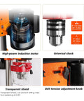 Heavy Duty 12 Speed Benchtop Drill Press Stand With Robust 750W Motor Variable Speed Control And Adjustable Height Table For Precision Drilling On Iron Aluminum Wood And Plastic Materials. High-power induction motor and universal chuck close-up.