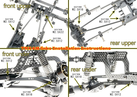 TRX4M link installation guide showing front upper, rear upper, front under, rear under links on RC crawler chassis