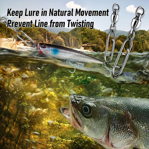 Fishing snap swivels in action with lure in water, 30 Pack Fishing Speed Clips Quick Change Snap Swivels With Ball Bearing Swivels