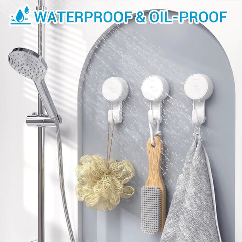 Heavy Duty Waterproof Shower Hooks Two Pack Rock Solid Dual Reinforcement Suction And Adhesive Zero Fuss Bathroom Wall Mounts Holding Eleven Pounds For Towels Robes And Loofahs With Hassle Free Peel Stick Installation