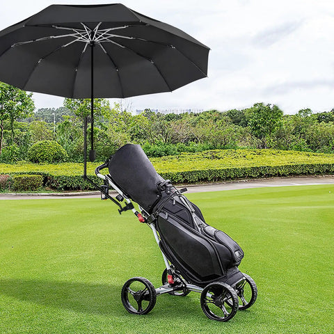 A Zero Stress UV Defense This Upf Fifty Plus Golf Umbrella packs a heavy duty universal clamp mounted on a golf cart.