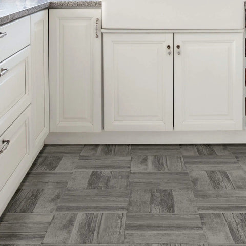 Peel And Stick Floor Tiles In Grey Wood Look Vinyl, Water Resistant, 12x12 Inches, Pack Of 10 in a kitchen setting
