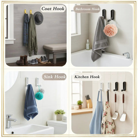 Tough As Nails Zinc Alloy Folding Wall Hooks Space Saver Flip Down Design For Coats Bags Hats And Keys Zero Clutter Vibe Six Pack displayed in entryway and kitchen settings.
