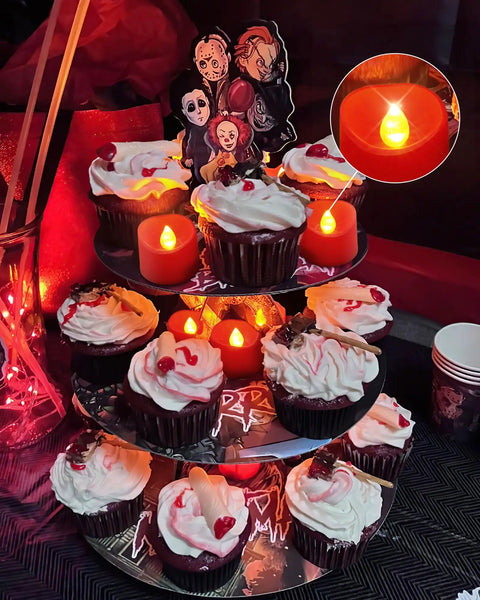 Red LED Tea Lights Battery Operated Flameless Candles, 200 Hours Of Flickering Safe Fake Candles for party decor on cupcake tower