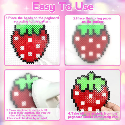 Ultimate 5mm Fuse Beads Kit For Kids Crafts With 48 Colors showing strawberry design tutorial steps