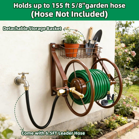Wall Mounted Garden Hose Reel, Heavy Duty Metal Hose Organizer That Holds 155 Feet Of 5/8 Inch Hose, Comes With 6.5 Foot Leader Hose And Brass Fittings, Leak Proof Design