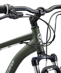 Handlebars and frame of All-Terrain Go-To Hybrid Bike With 700c Wheels 21-Speed Gearing Aluminum Frame Suspension Fork.