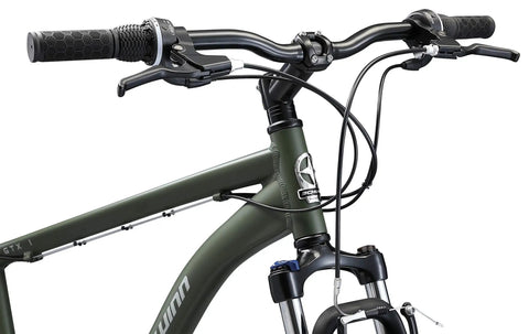 Handlebars and frame of All-Terrain Go-To Hybrid Bike With 700c Wheels 21-Speed Gearing Aluminum Frame Suspension Fork.