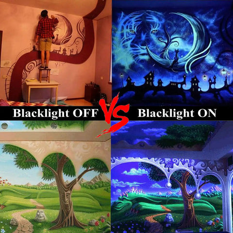 Comparison of mural with and without Three Pack 36W Black Light Bars With 5Ft US Plug And On Off Switch For Glow Party Stage Lighting.