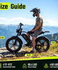 Rider on Beast Mode Fat Tire Electric Bike For Adults With 1500W Peak Motor in mountain view, highlighting size guide measurements