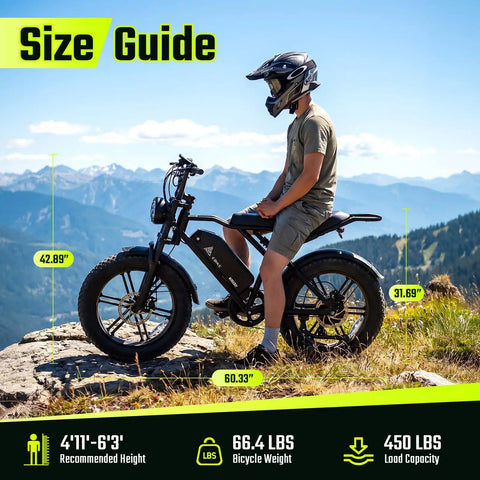Rider on Beast Mode Fat Tire Electric Bike For Adults With 1500W Peak Motor in mountain view, highlighting size guide measurements