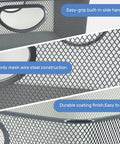 Close-up of Six Pack Wire Storage Baskets Set, durable metal mesh organizers in gray with handles for kitchen, laundry, and garage.