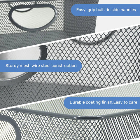 Close-up of Six Pack Wire Storage Baskets Set, durable metal mesh organizers in gray with handles for kitchen, laundry, and garage.
