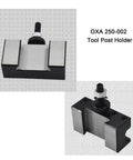 One Piece Quick Change Turning And Facing CNC Tool Post Holder OXA 250 002 for lathe, shown from two angles, made of steel