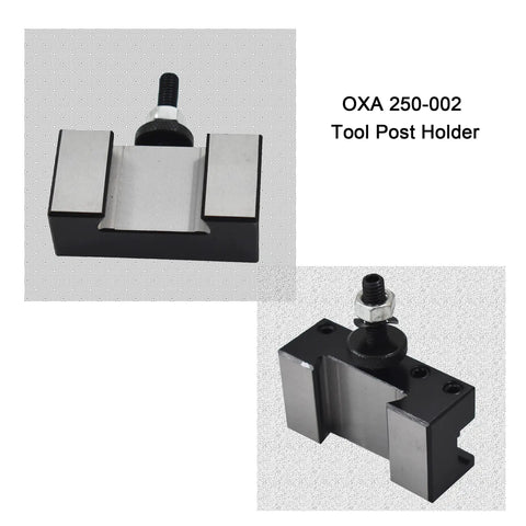 One Piece Quick Change Turning And Facing CNC Tool Post Holder OXA 250 002 for lathe, shown from two angles, made of steel