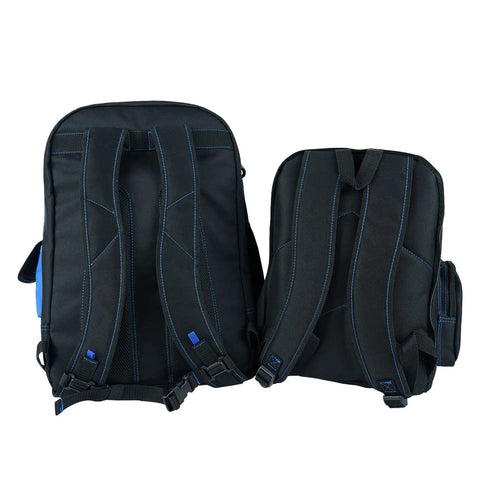 Back view of Electrician Tool Backpack With Helmet Catch Detachable Large Capacity Workhorse Bag Heavy Duty Organizer For Electricians Carpenters Tradesmen Construction Pros Hvac Techs Welders Blue showing straps and stitching