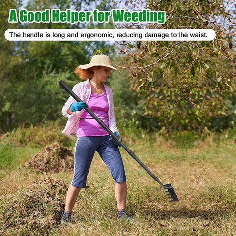 Woman using Long Handle 56 Inch Six Tine Weeding Hoe And Weed Puller Tool For Lawn Garden Yard Patio And Backyard in garden